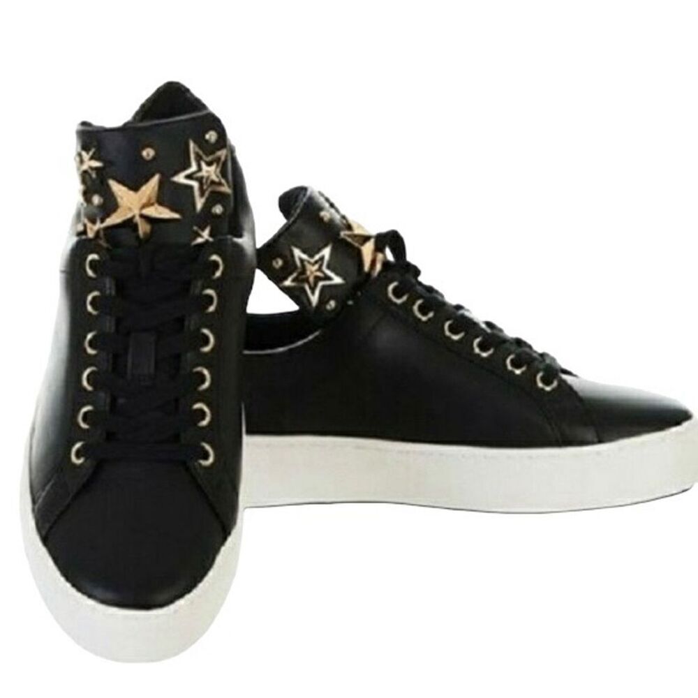 Michael Kors Mindy Women's Black Leather Gold Star Casual Sneakers - Picture 2 of 14